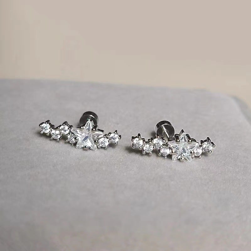 Full Diamond Super Flash Beam Meteor Ear Bone Nail Exquisite Five-Pointed Star Screw Twist Earrings Earrings Earrings Sparkling Earrings - Image 2